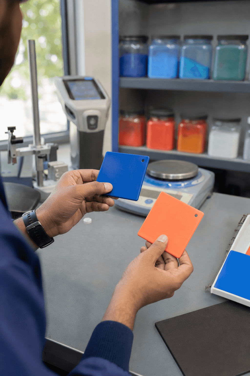 Quality control inspection of colored plastic samples at a pigment manufacturing facility in Ahmedabad, showcasing vibrant blue and orange molded tiles under natural light.