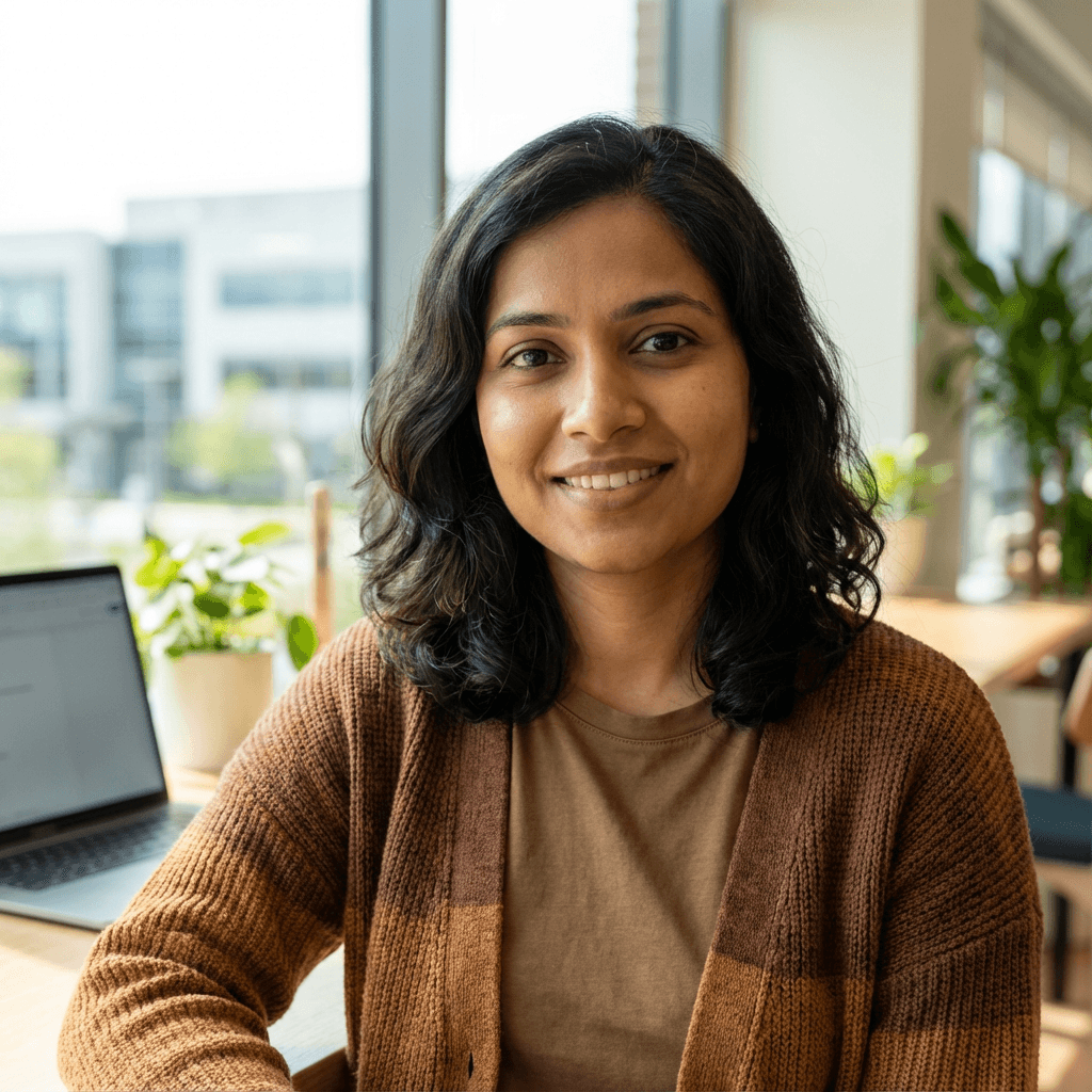 Female South Asian R&D professional in her 30s in a lab coat
