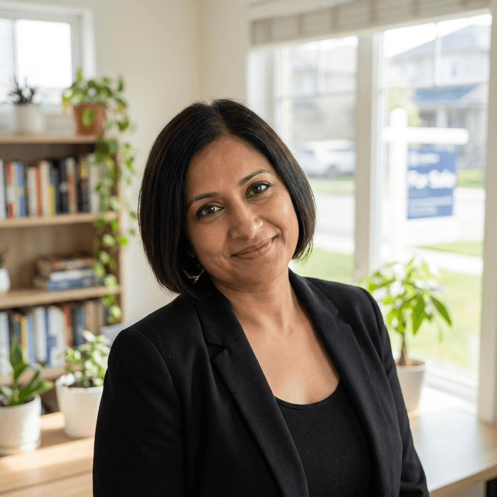 Female professional in her early 40s South Asian in business attire in modern office