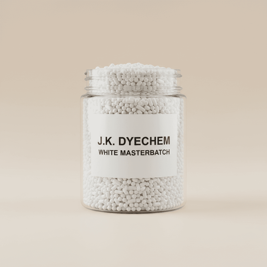 Five clear jars of colorful plastic masterbatch pellets on a color analysis data sheet.