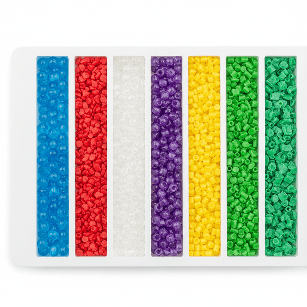 Rows of multicolored plastic granules and beads on a white laboratory tray