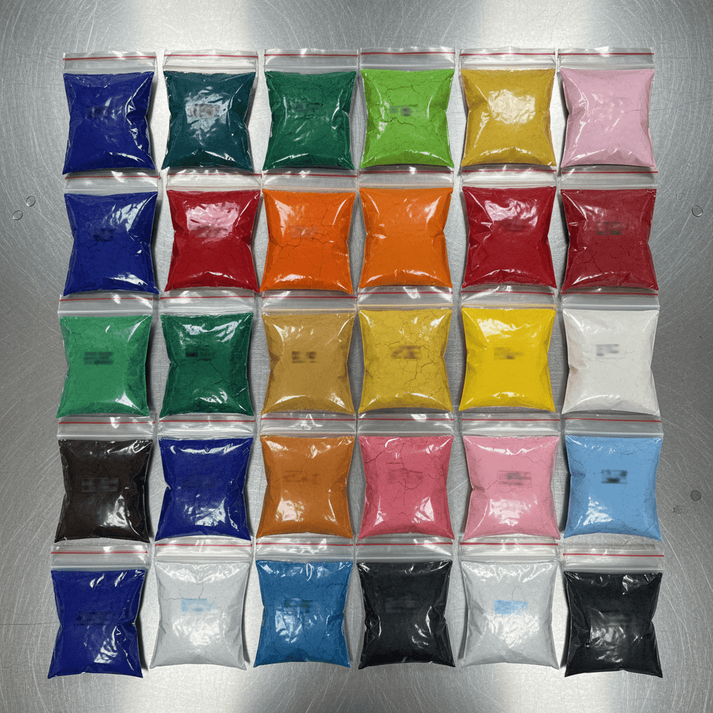 Color pigment powder samples in bags.