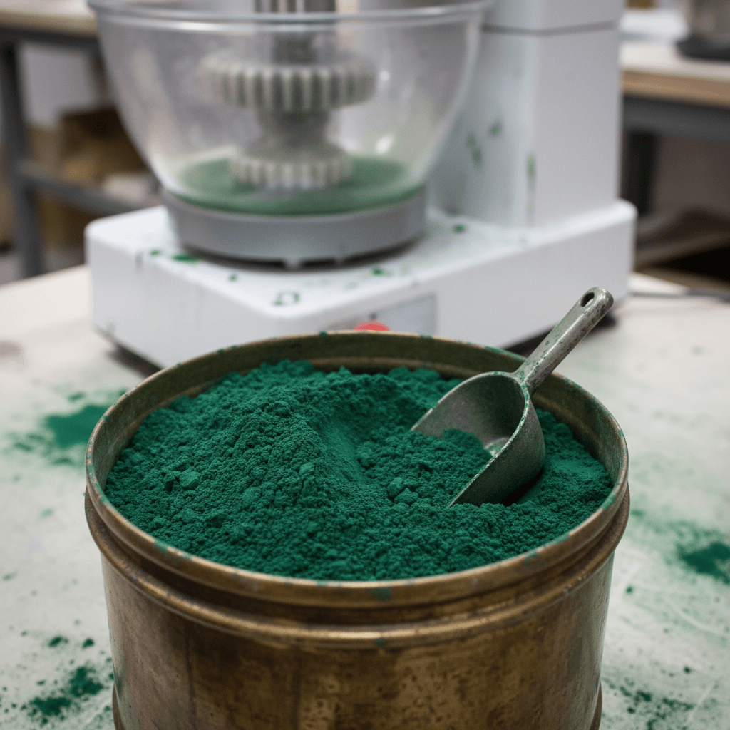 Green powder near mixing machine