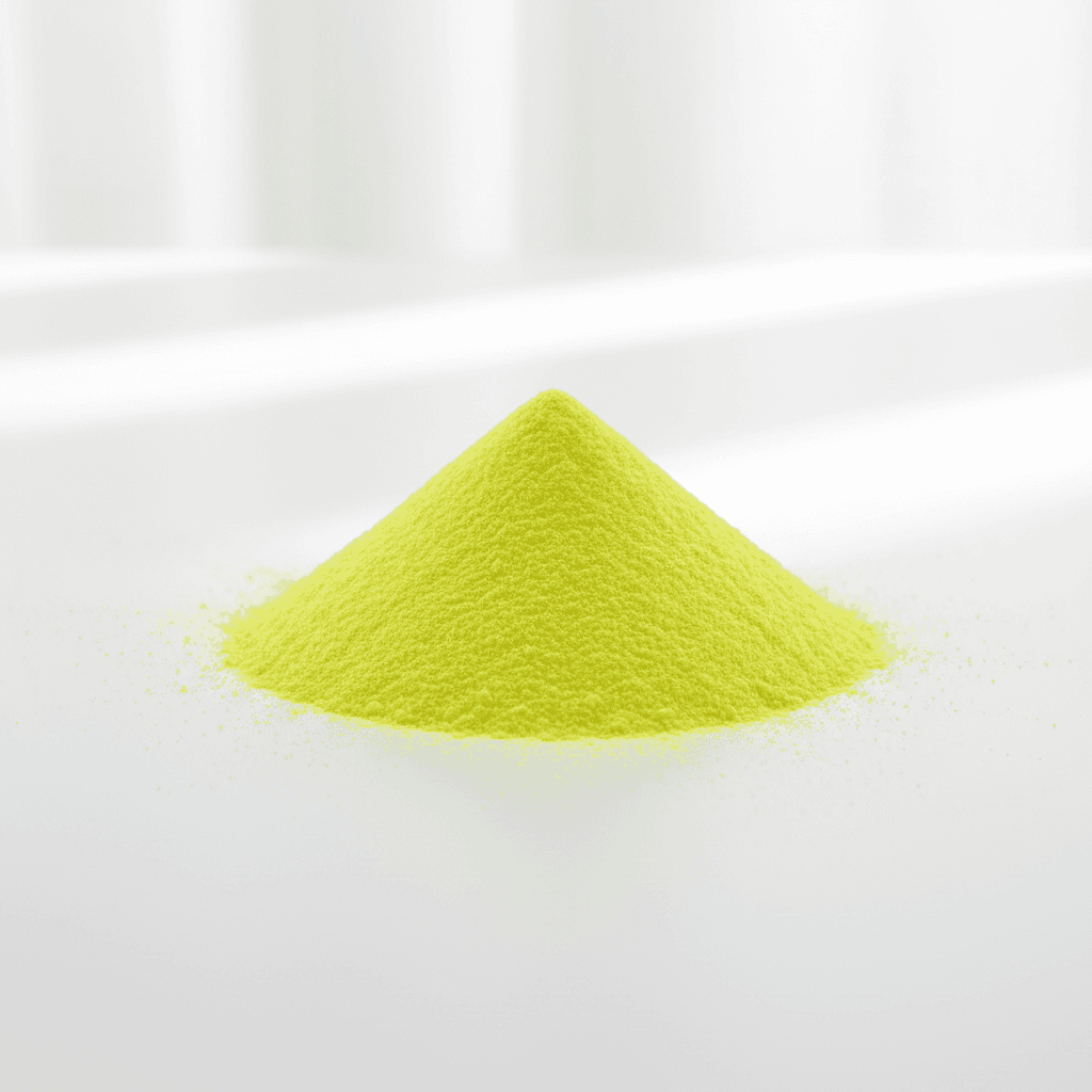 A small, conical pile of vibrant neon yellow powder on a clean white surface.