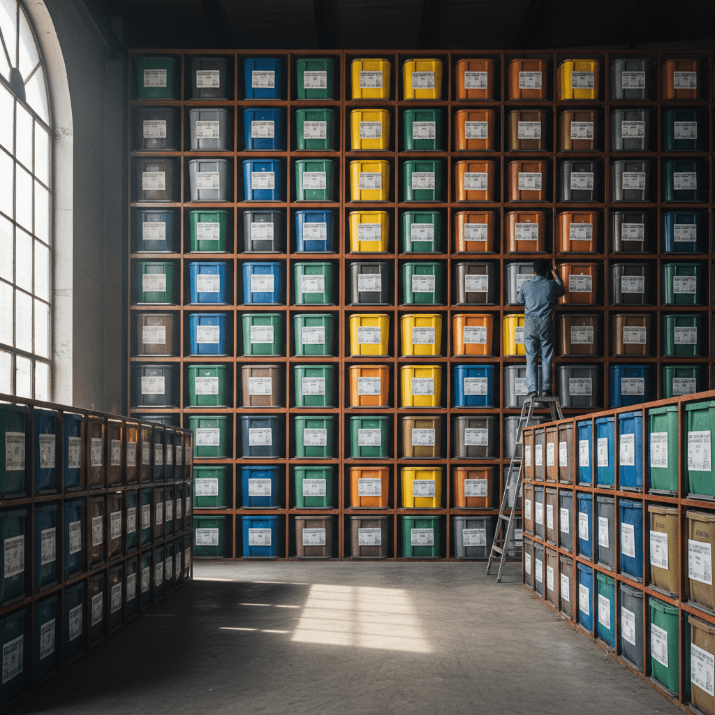 Warehouse shelf with pigment containers of various colors