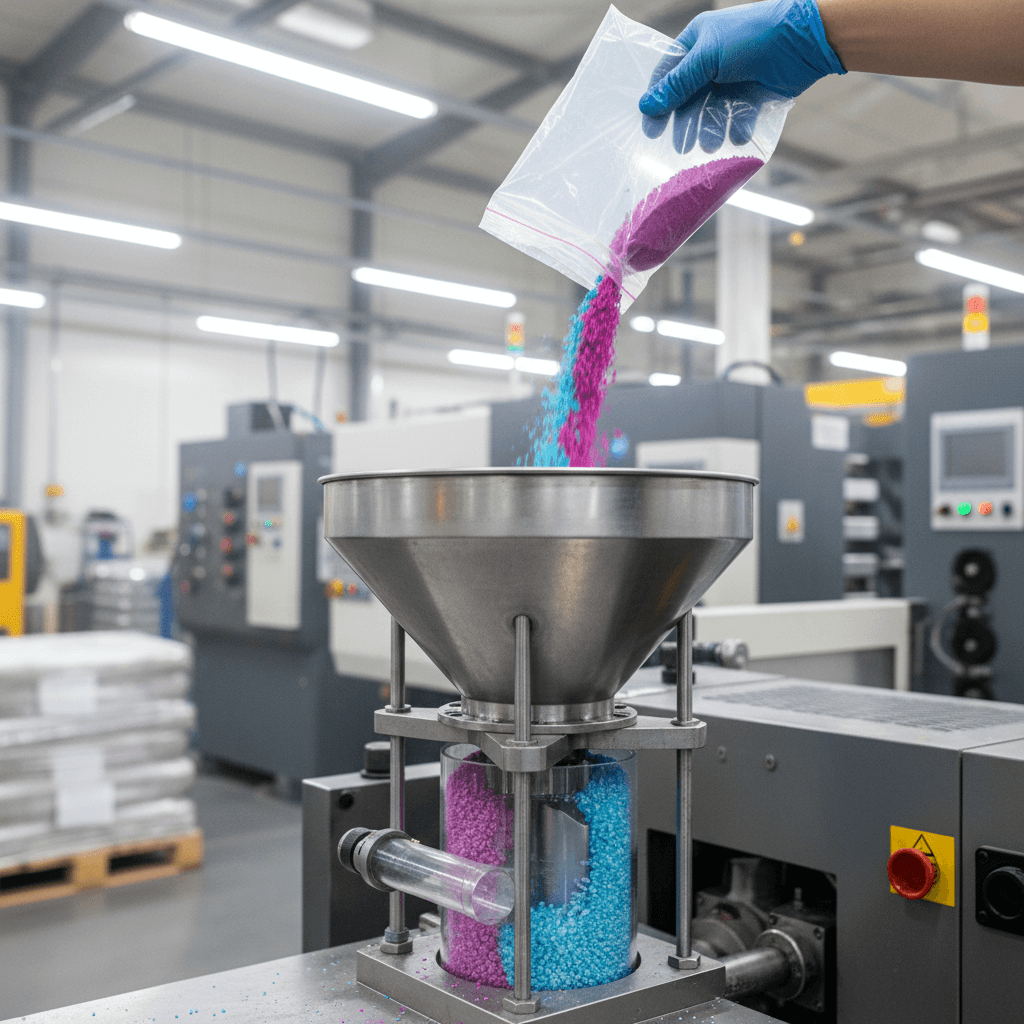 Color pigment powder being added to an injection molding machine hopper