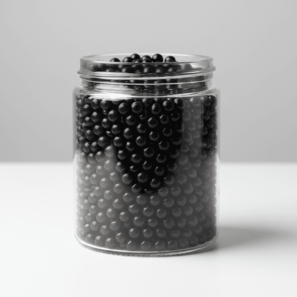 Five clear jars of colorful plastic masterbatch pellets on a color analysis data sheet.