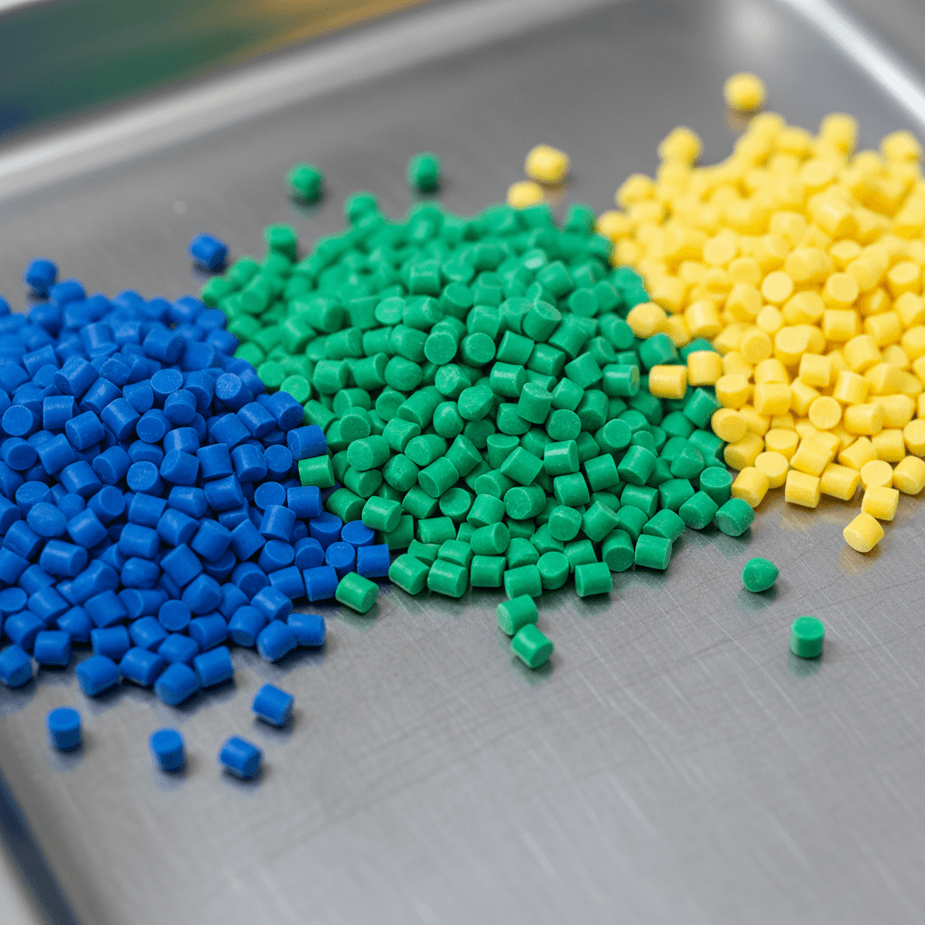 Colored plastic pellets in blue, red, and black arranged in neat rows on a metal tray