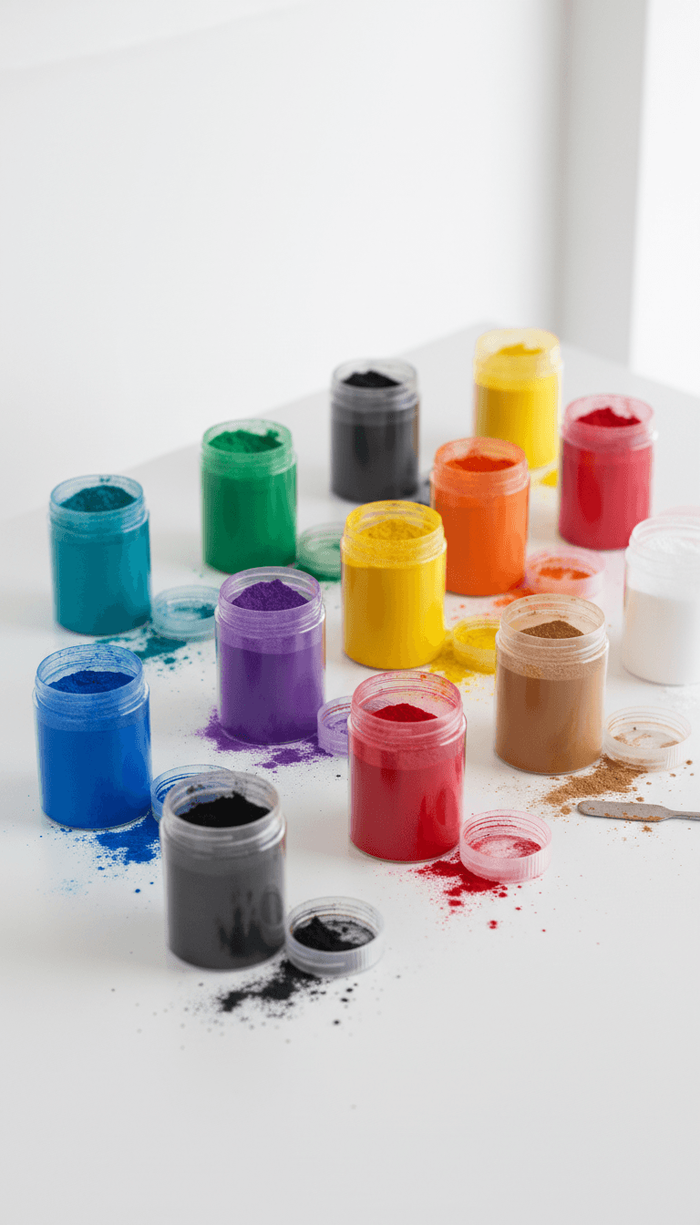 Color pigment powder samples in plastic containers on a white table