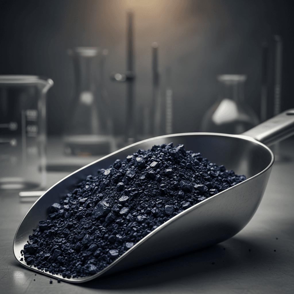 Close-up of navy blue pigment powder in a scoop