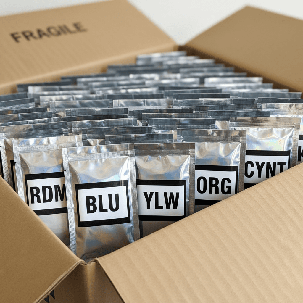 Open cardboard box filled with uniform sealed pigment packets