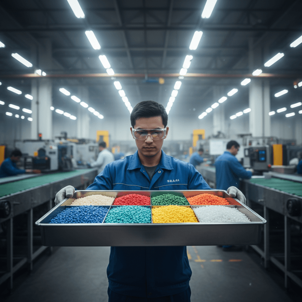 Worker holding colored plastic pellets.