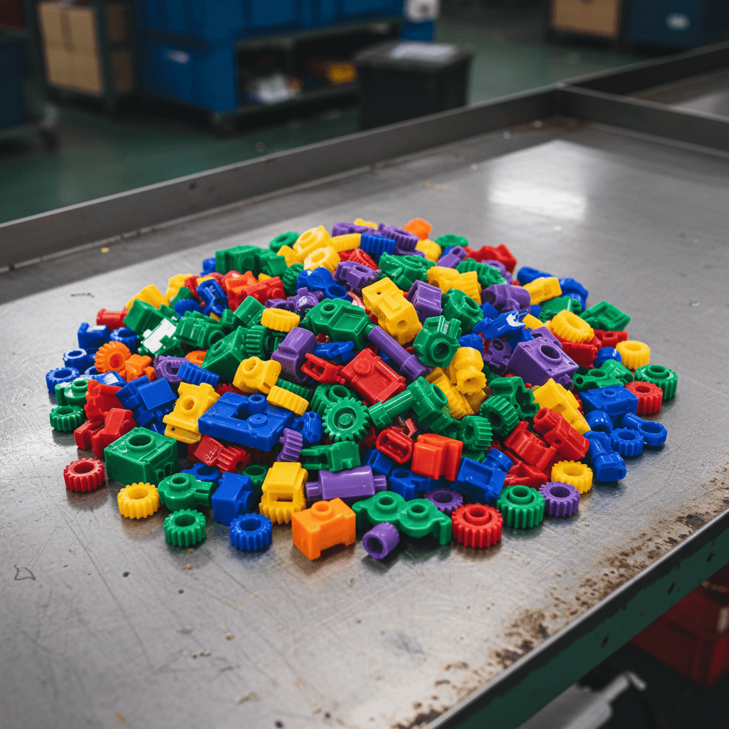 Injection molded plastic parts in bright colors.