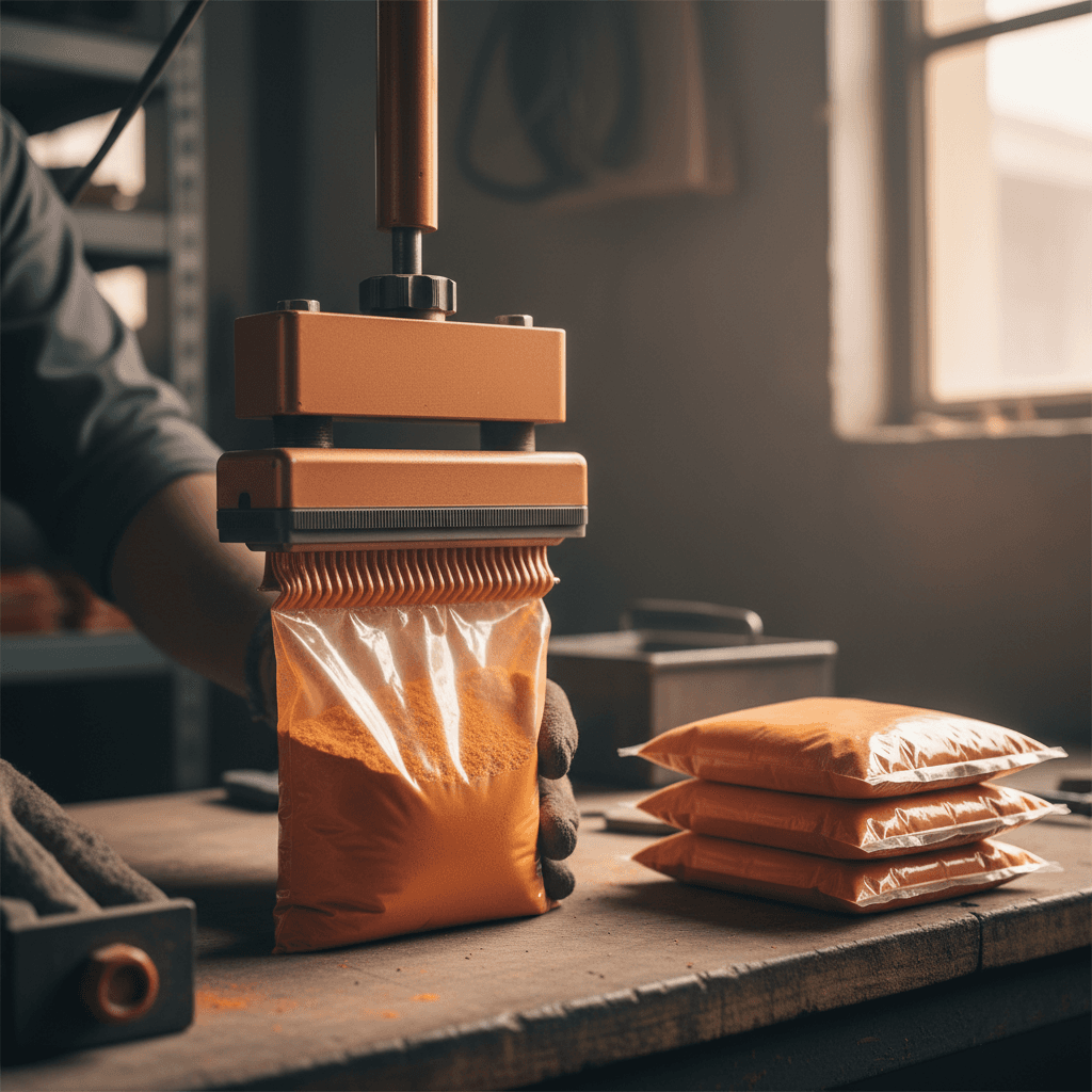 Sealing a clear packet of orange pigment powder