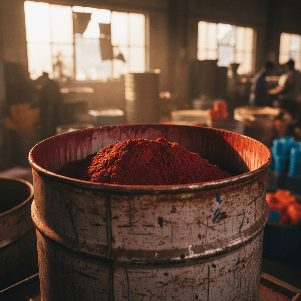 Red pigment powder in a metal container