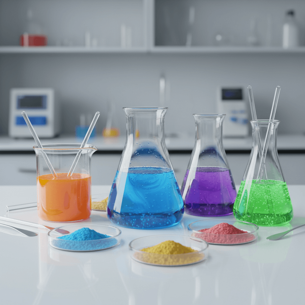 Clear glass beakers containing colored pigment samples and liquids in a laboratory
