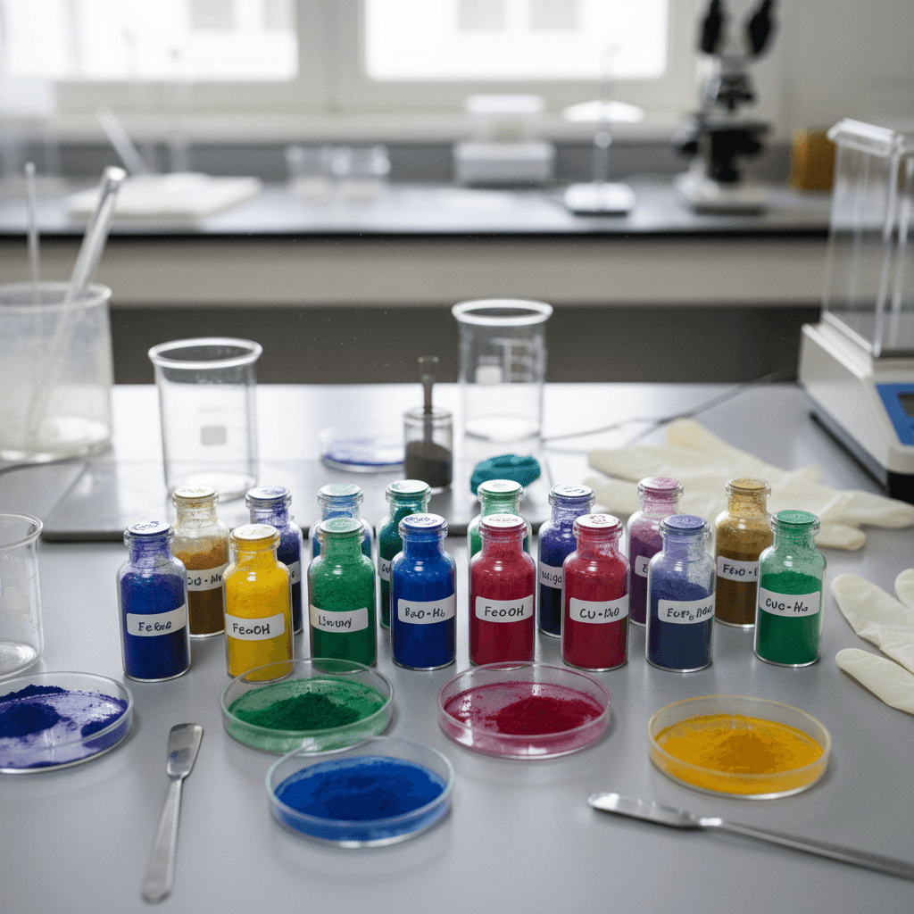 Color pigment powder samples in small containers on a laboratory workbench