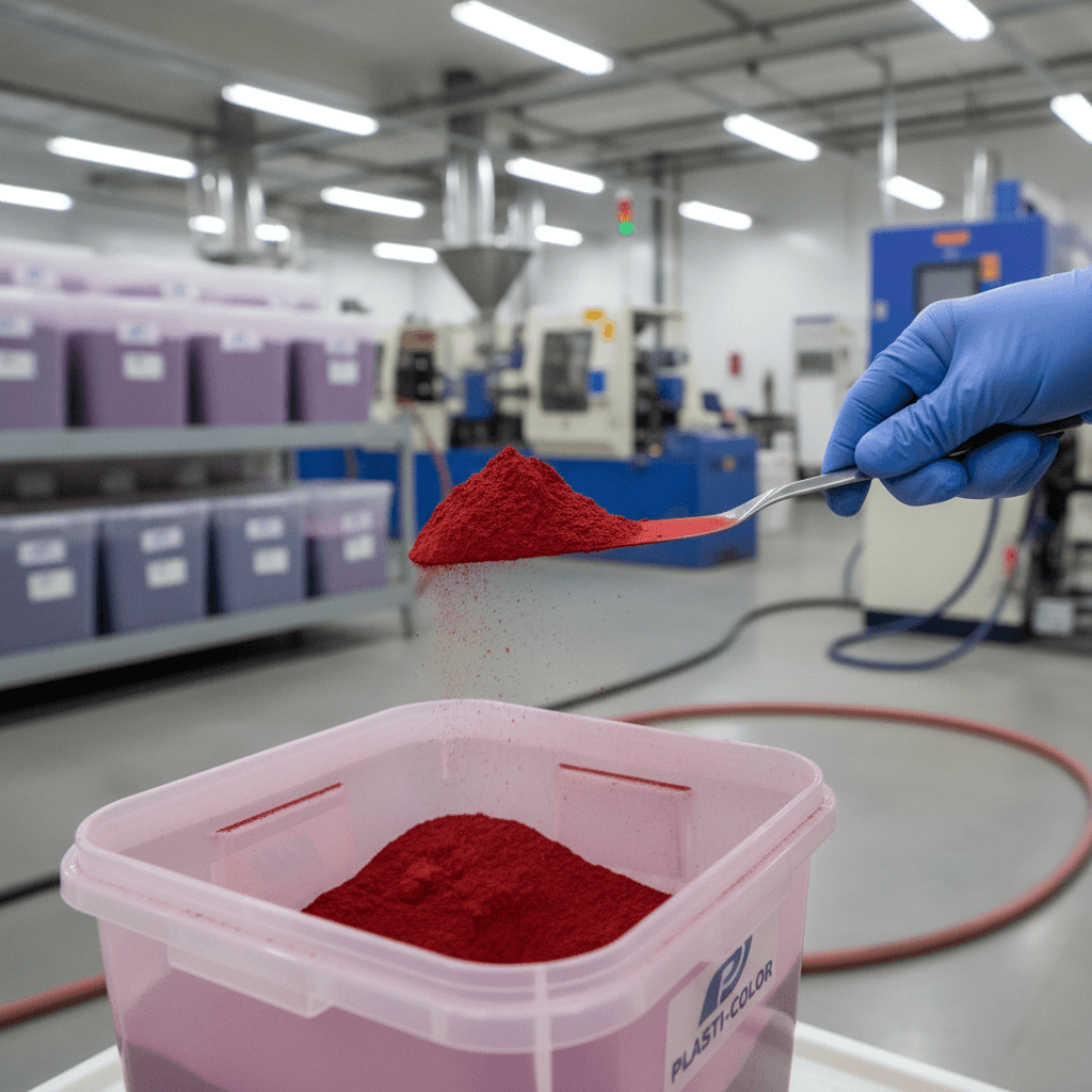 Red pigment powder being scooped