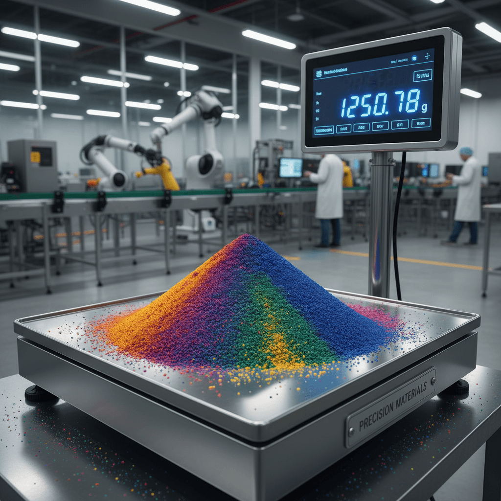 Industrial scale with colored powder granules being weighed out