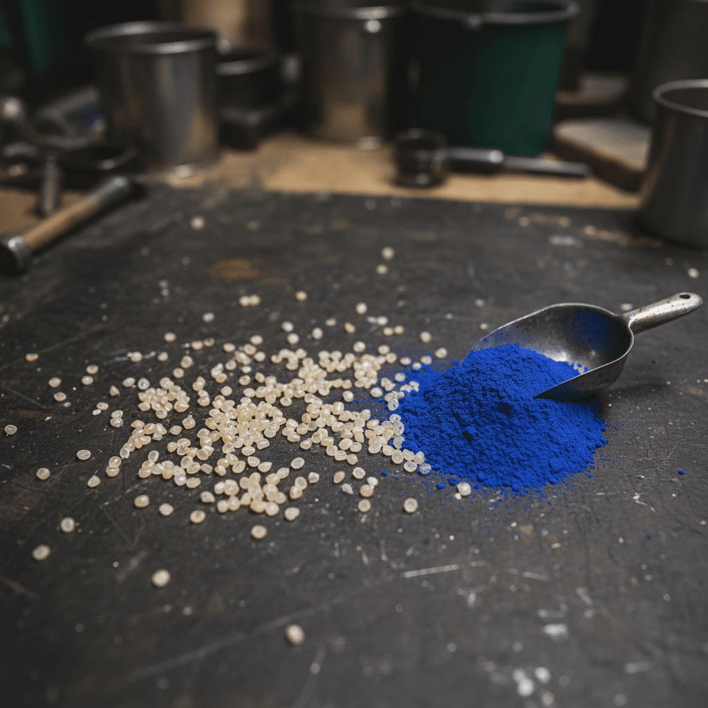 Plastic pellets beside blue pigment powder