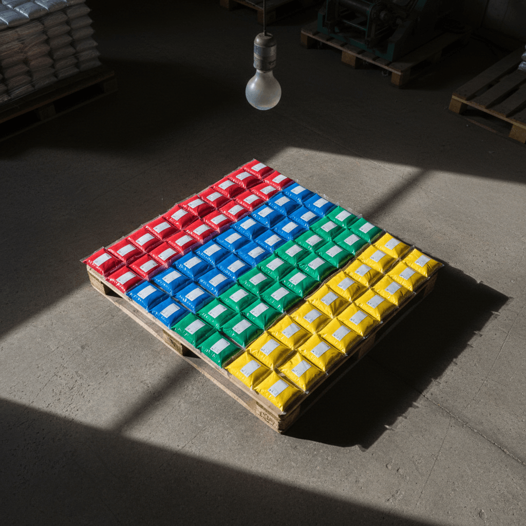 Rows of pigment packets in red, blue, green, and yellow on a pallet