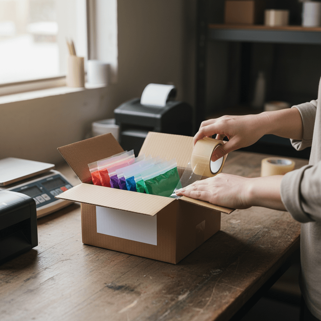 Packing sealed pigment packets into a shipping box