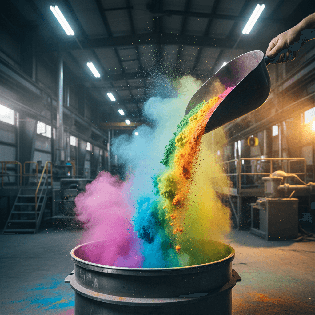 Pouring fine red pigment powder from a metal scoop creating a dust cloud