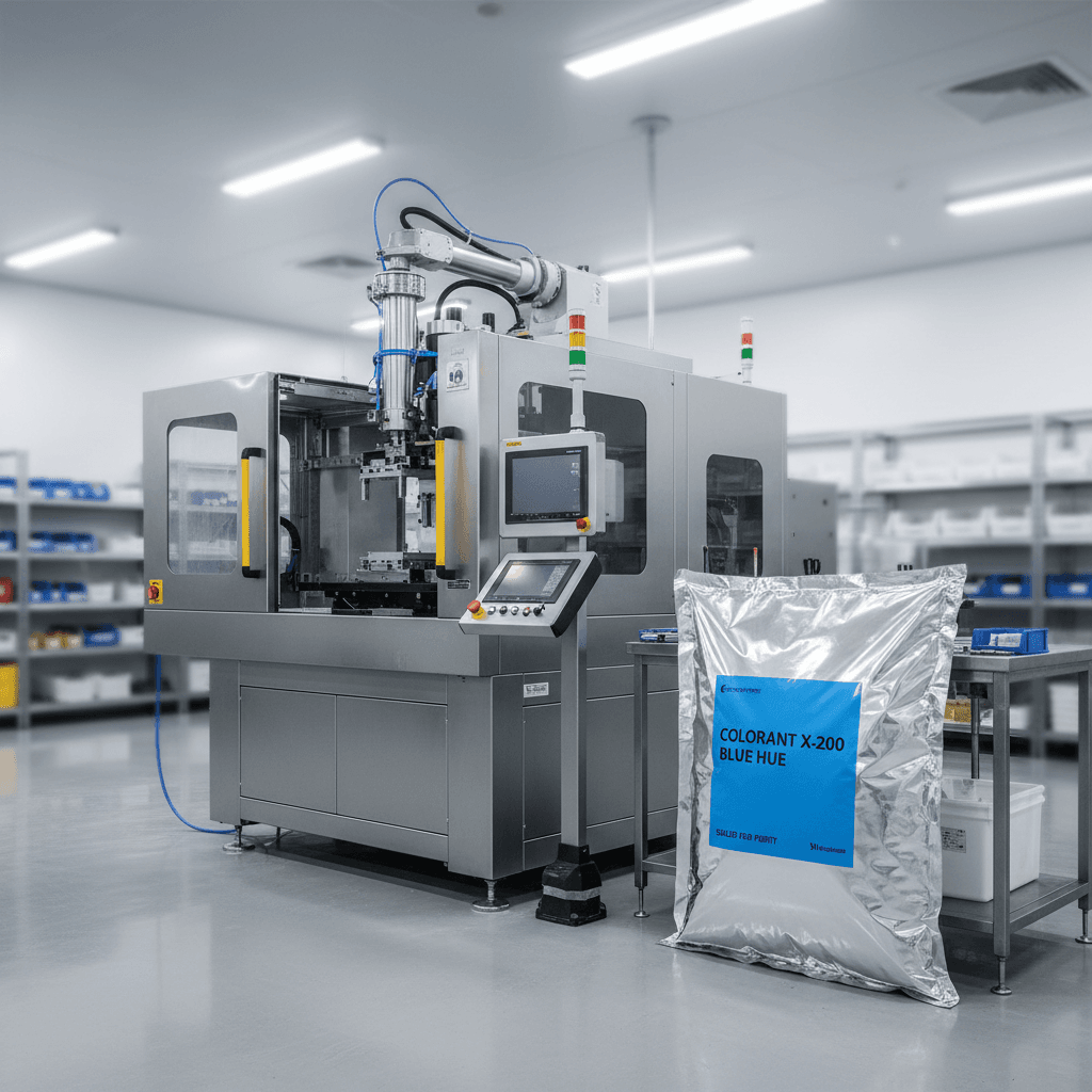 Sealed foil pigment pouch beside an injection molding machine in a clean workshop