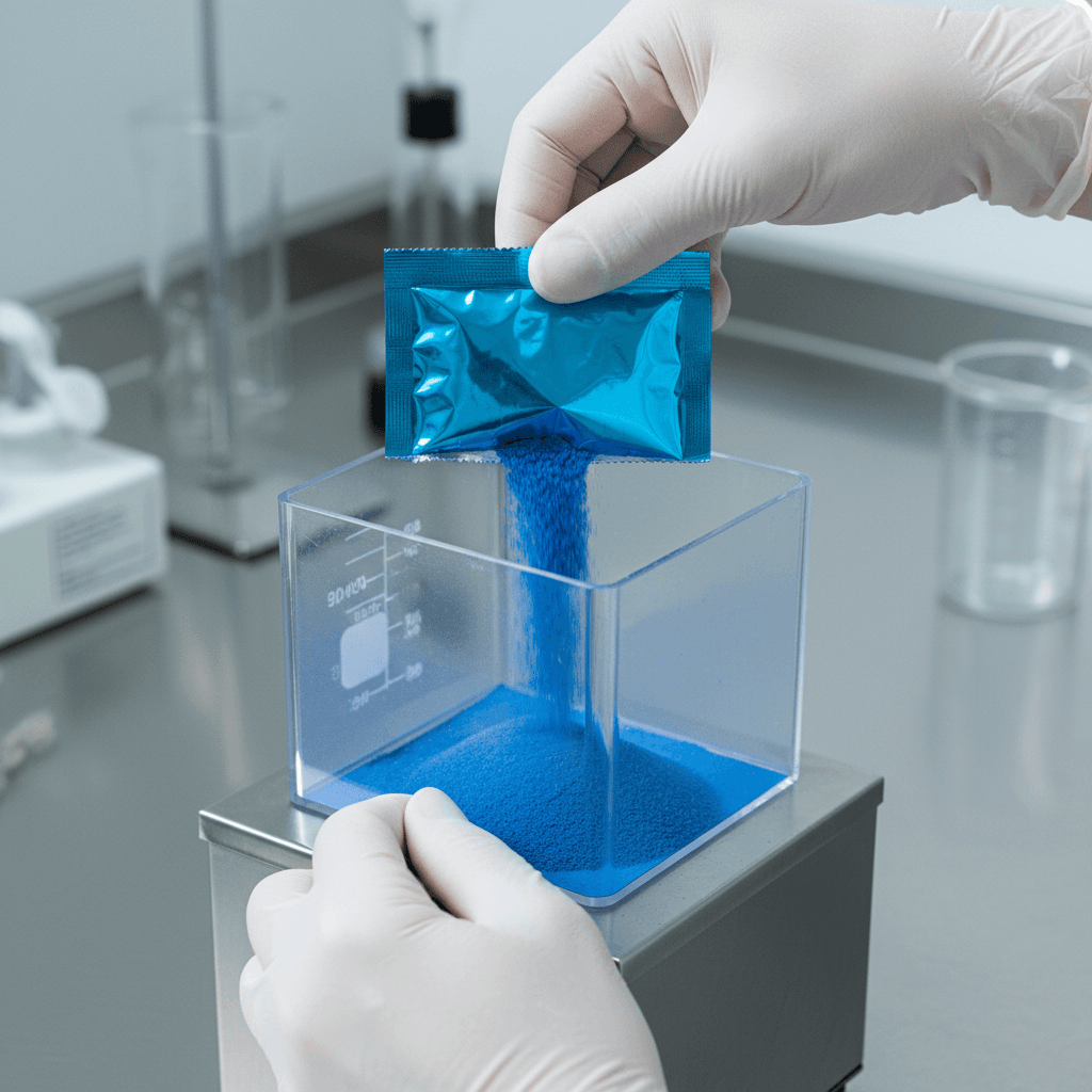 Gloved hands pouring blue pigment granules from an open foil packet into a hopper