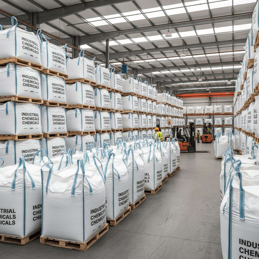 Industrial warehouse with large bags of chemical powders stacked on wooden pallets