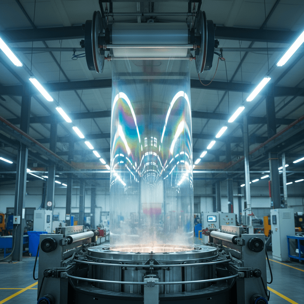 Plastic film blowing machine with thin colored film
