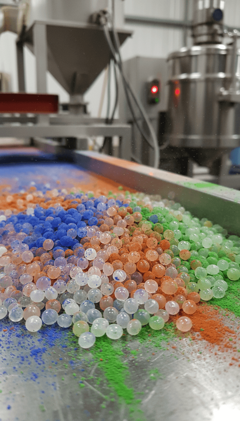 Close up of plastic pellets mixed with pigment powder in a production setting
