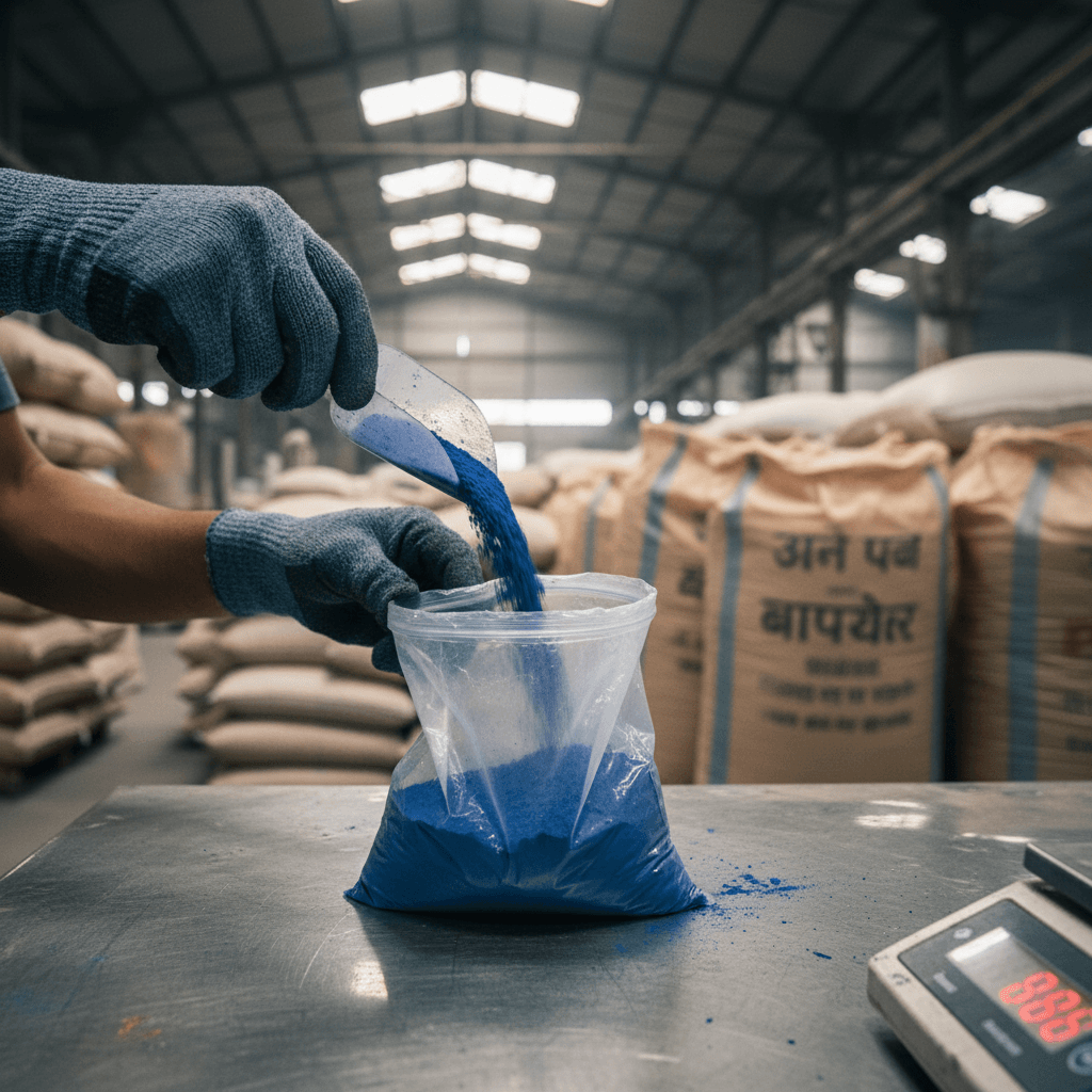 Worker measuring blue pigment powder into a packet on a scale