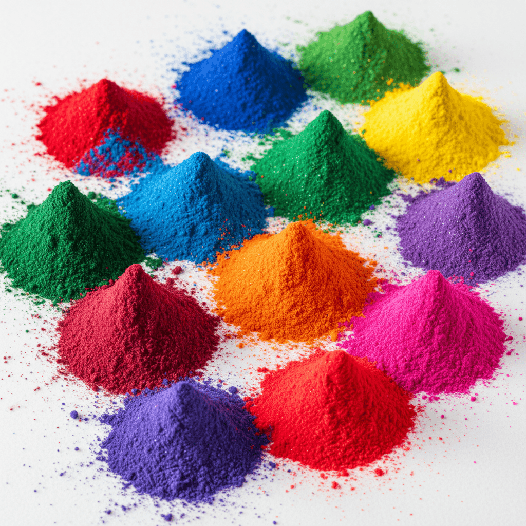 Vibrant color pigment powders in small piles on a white surface, bright and saturated hues