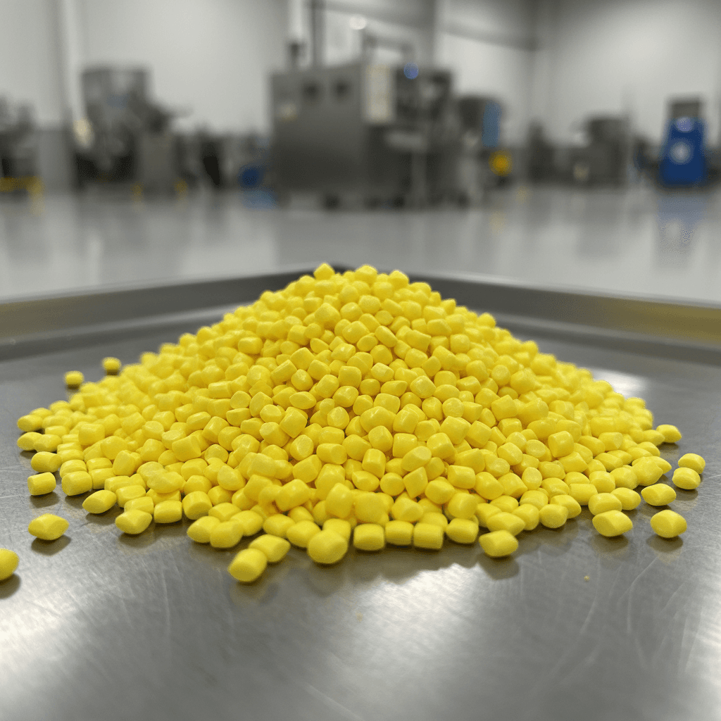 Finished yellow plastic granules after pigment addition