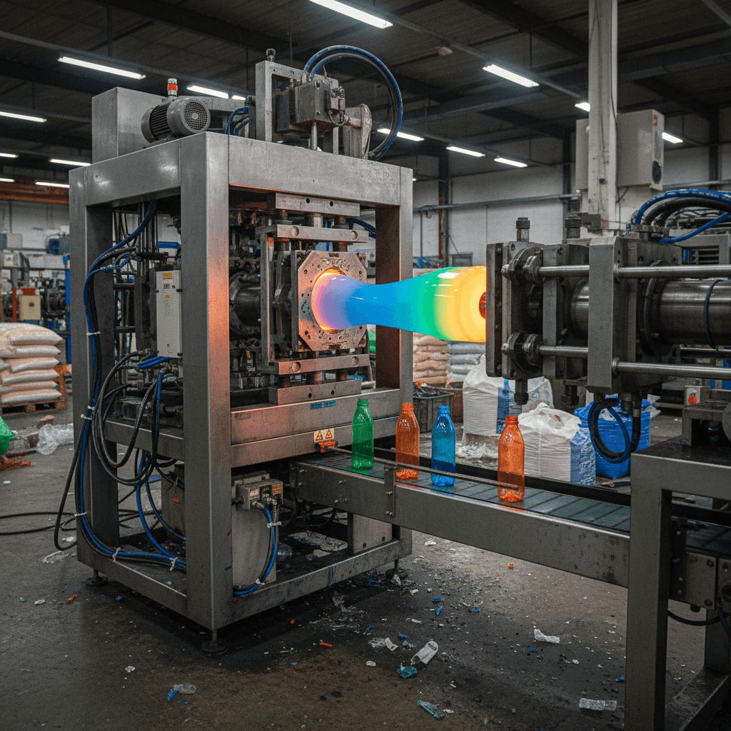 Blow molding machine forming colored plastic bottles