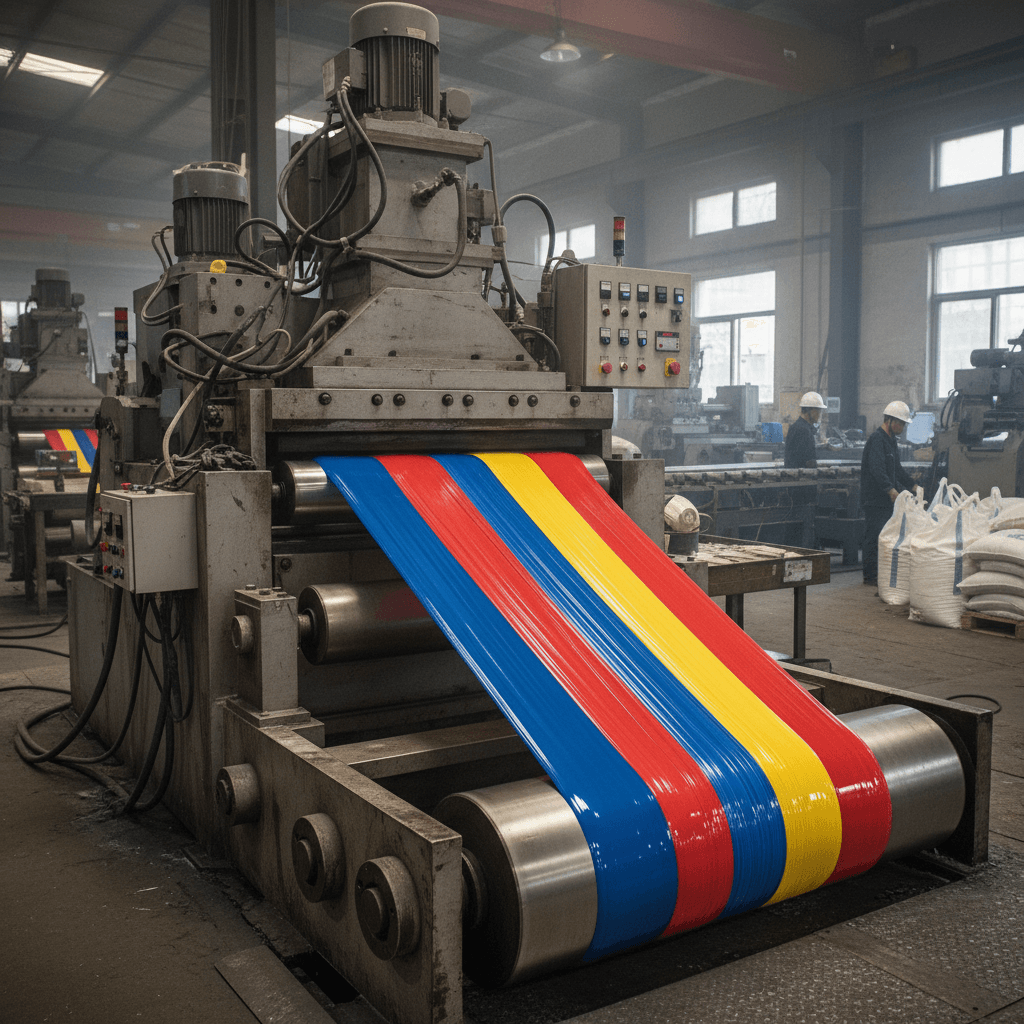 Extruder machine producing colored plastic sheets