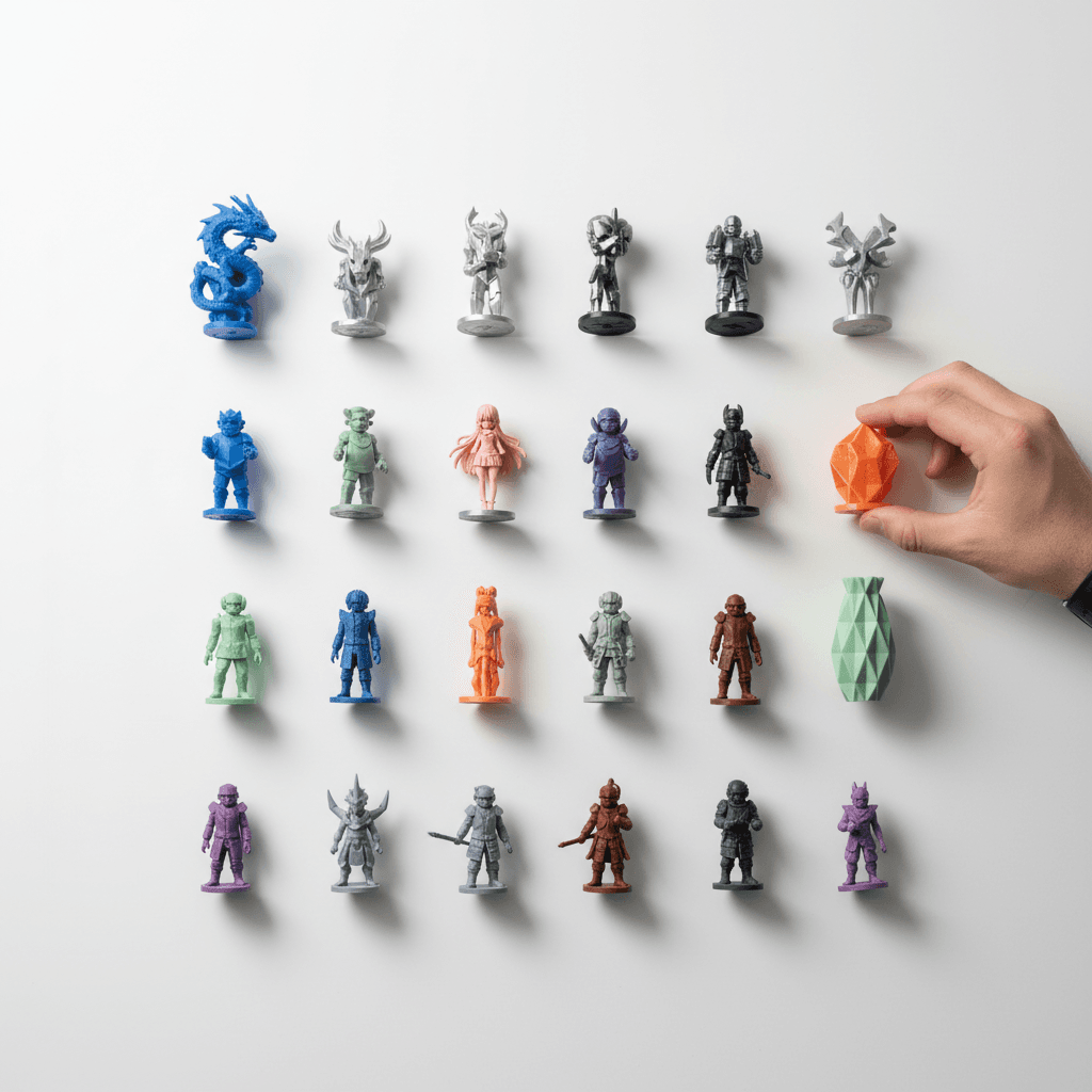 Colored plastic parts on shelf showing pigment results