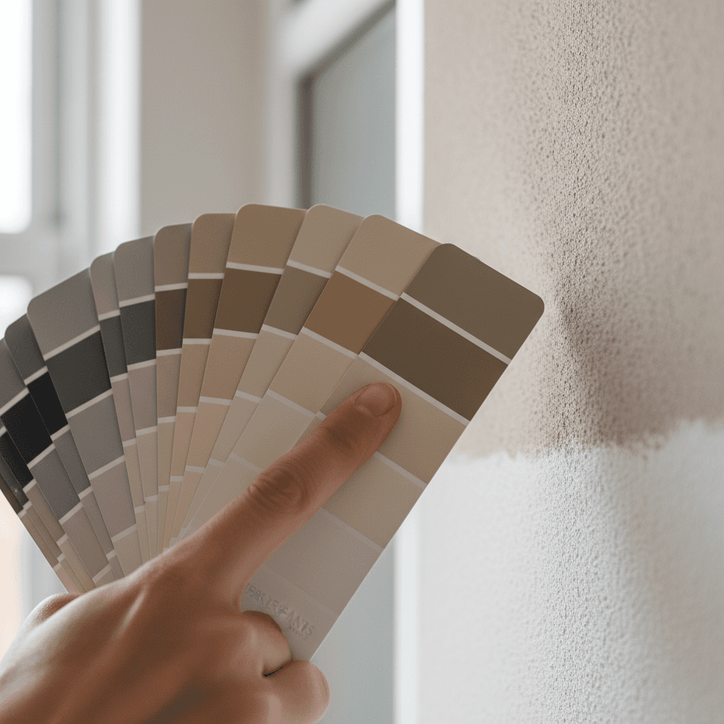 Technical spec sheet with pigment data and color swatches on a desk