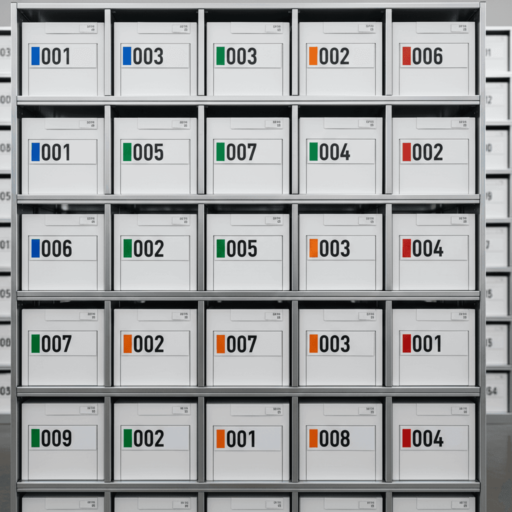 Rows of identical pigment containers in an organized storage facility