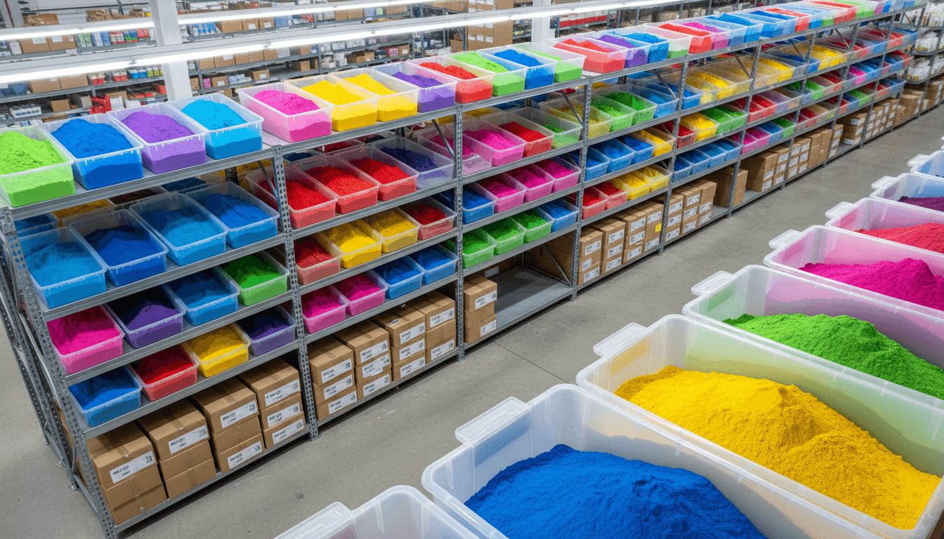 Sealed containers of pigment powder organized on shelf
