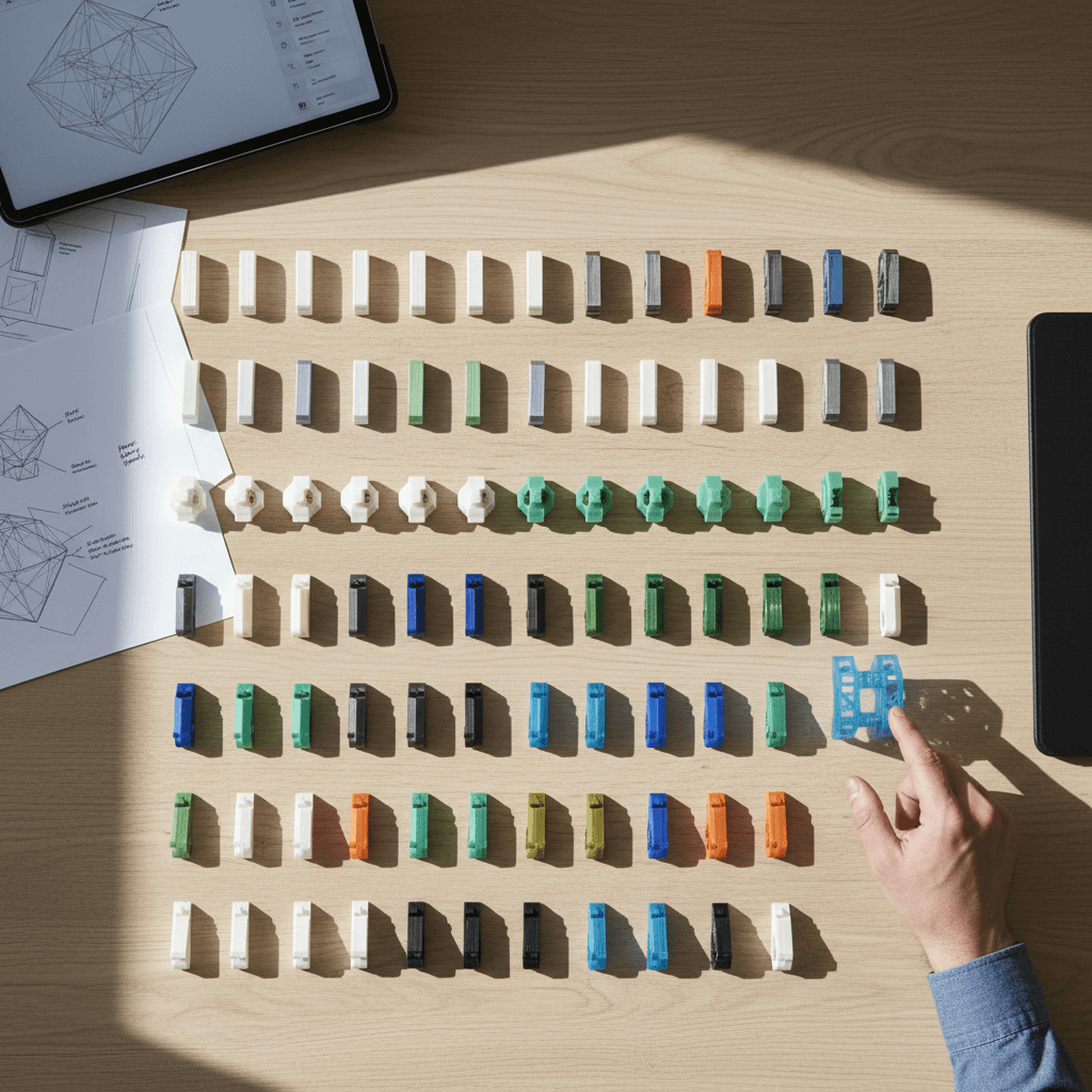 Colorful plastic pellets and pigment powder samples on a workbench