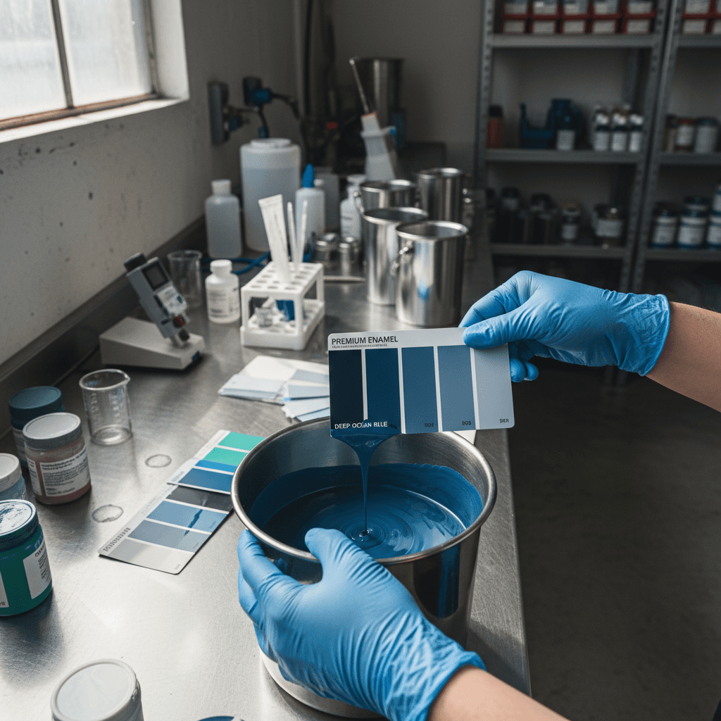 Close-up of vibrant blue and red pigment powder piles