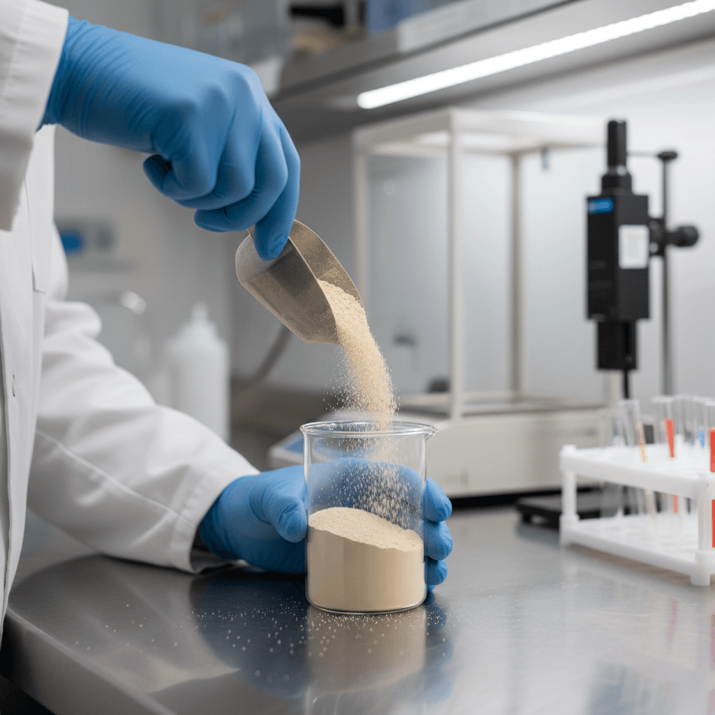 Chemical manufacturer inspecting pigment powder in an industrial lab setting