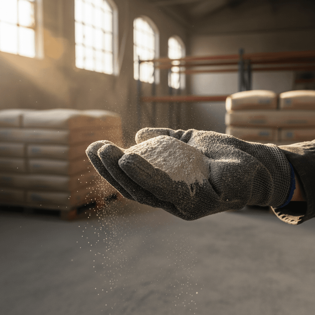 Scooping additive powder from bag in warehouse