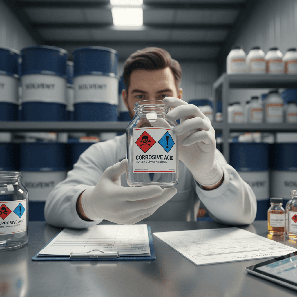 Worker handling pigment bags in storage area