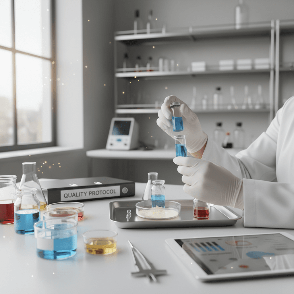 Professional chemical industry worker on the phone at a desk with samples
