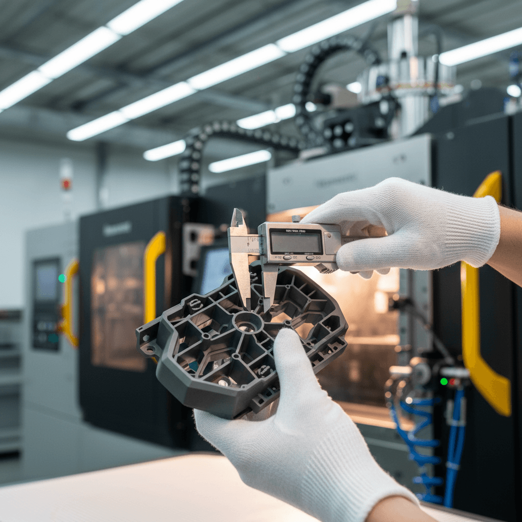 Quality control technician examining a plastic sample in a laboratory