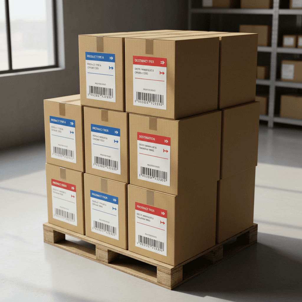 Cardboard boxes stacked on a pallet in a warehouse ready for dispatch