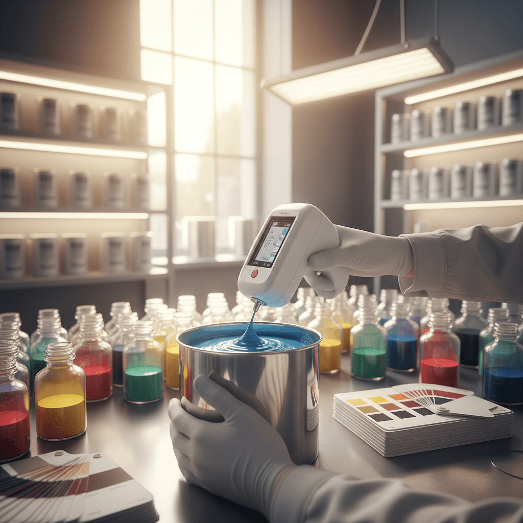 Color pigment powder samples in small containers on workbench